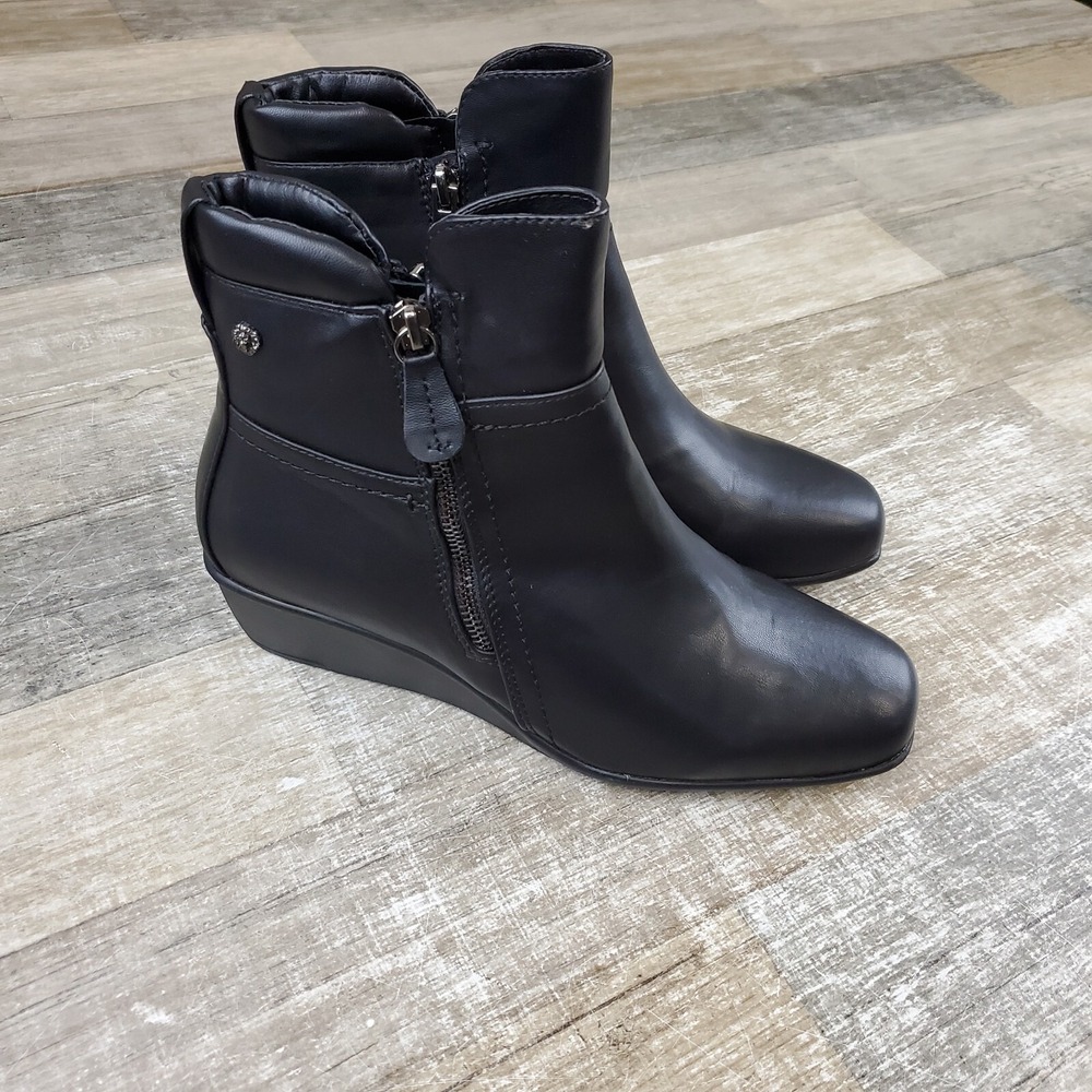 Anne Klein Mary Jane Low Wedge Ankle Bootie Womens Sz 9 Black Leather